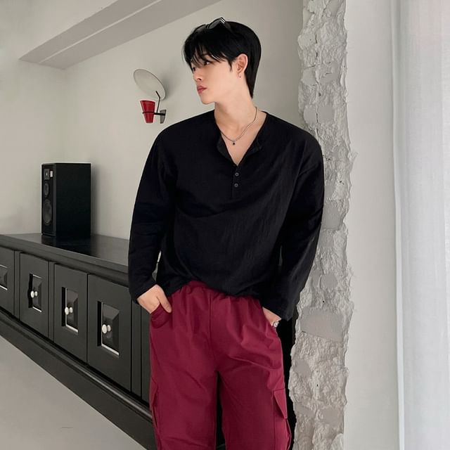 MRCYC-Long Sleeve V-Neck Plain T-Shirt