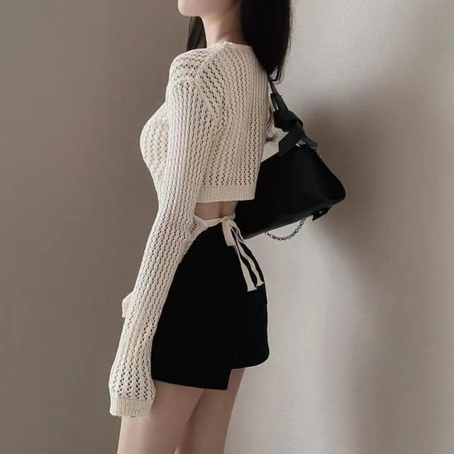 MIKIGA-Long Sleeve Open Back Eyelet Knit Top