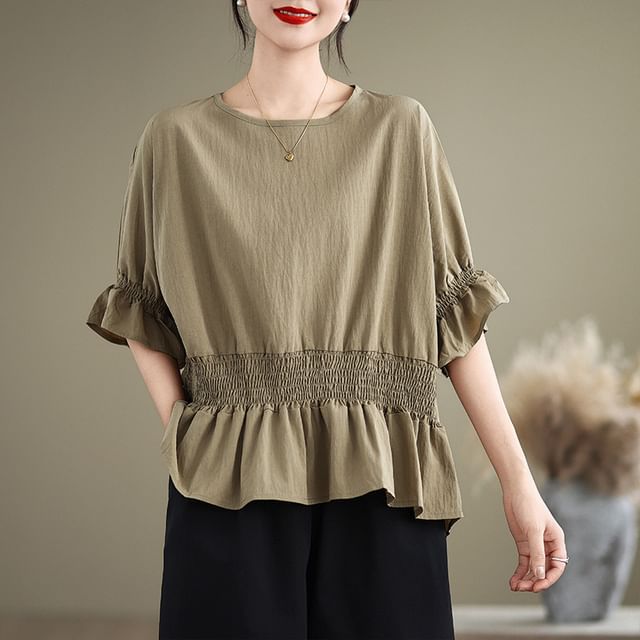 INEN-Elbow-Sleeve Crewneck Plain Flowy Blouse