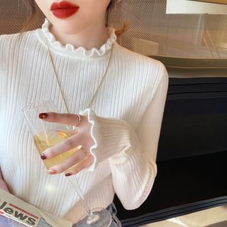 Dragan Pulse-Long-Sleeve High Neck Plain Ribbed Ruffled Knit Top