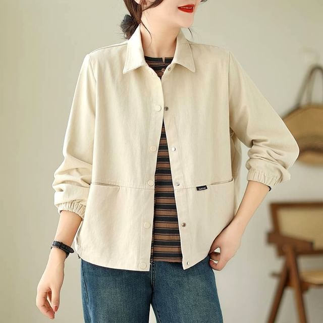Lewwe-Plain Button-Up Shirt Jacket