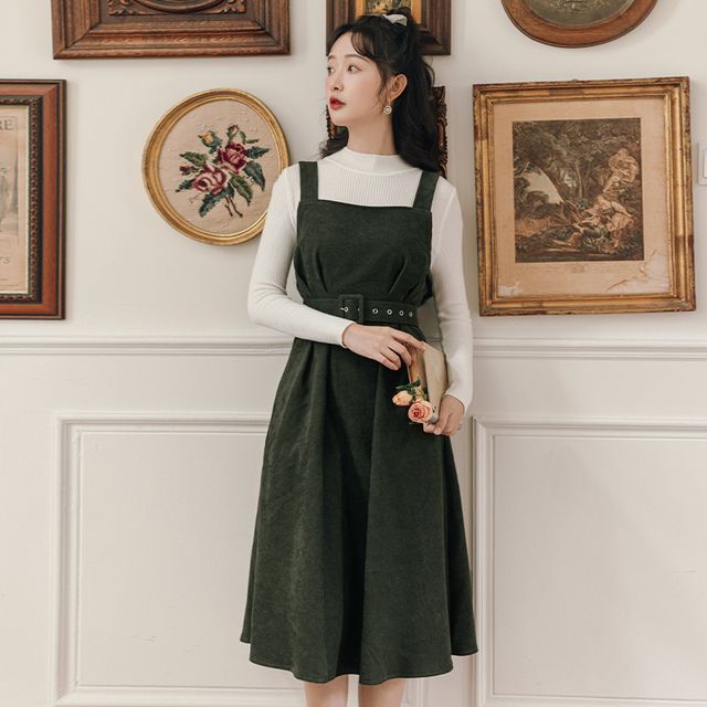 sansweet - Long-Sleeve Mock-Neck Top / Midi A-Line Overall Dress / Set |  YesStyle