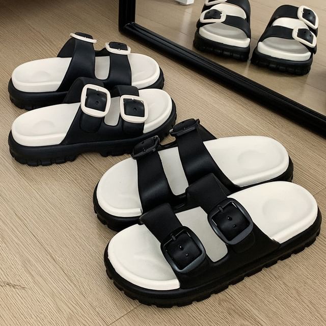 Honkizz-Double Buckle Platform Slide Sandals