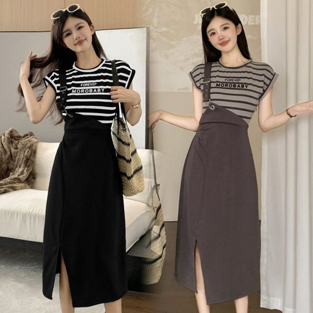 NEUF - Maternity Cap Sleeve Crew Neck Striped Lettering Print Mock Two Piece Slit Midi A-Line Breastfeeding Dress | YesStyle NEUF - Maternity Cap Sleeve Crew Neck Striped Lettering Print Mock Two Piece Slit Midi A-Line Breastfeeding Dress | YesStyle