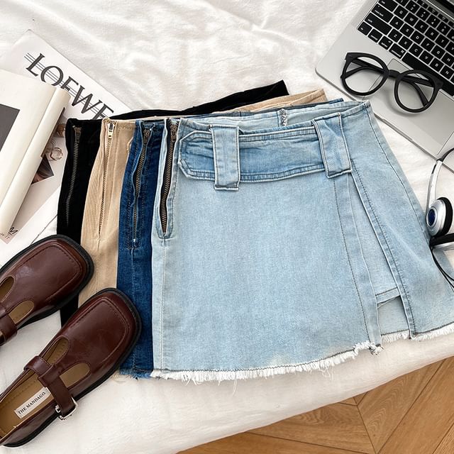 DIYI-High Waist Fray Slit Mini Denim Skort