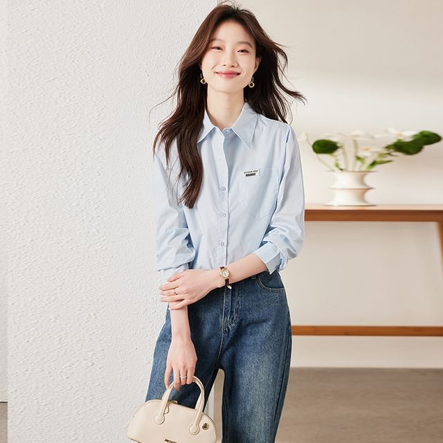 Skyheart-Long Sleeve Collared Plain Shirt