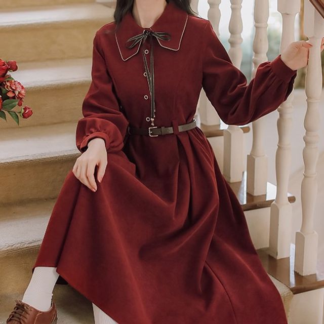 chinese dress ladies Elena Ribbed Long Sleeve Collared Midi Dress