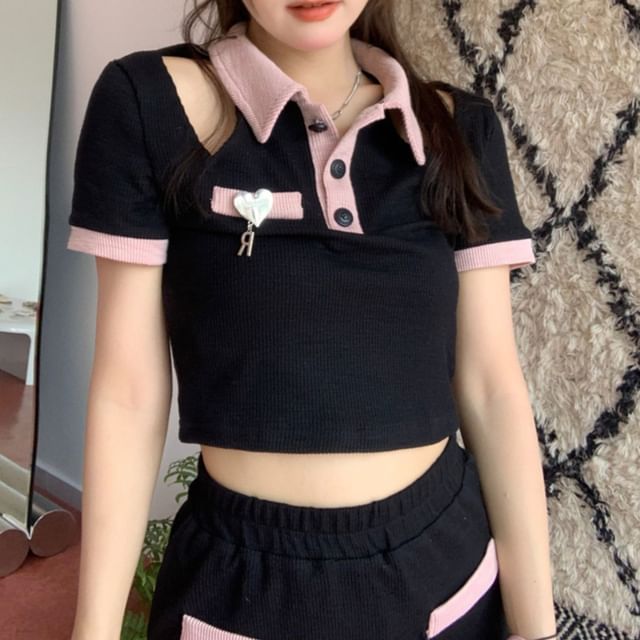 Leoom-Short-Sleeve Two Tone Crop Polo Top