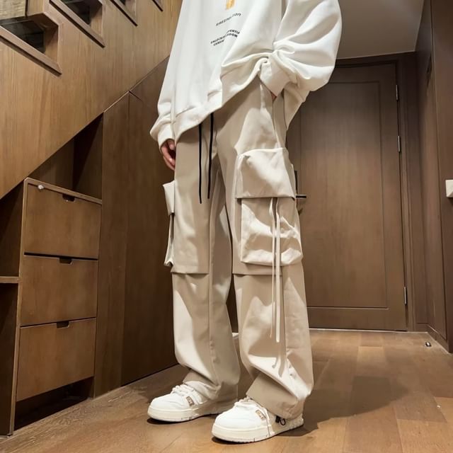 Kenning-M Drawstring Waist Plain Wide Leg Cargo Pants