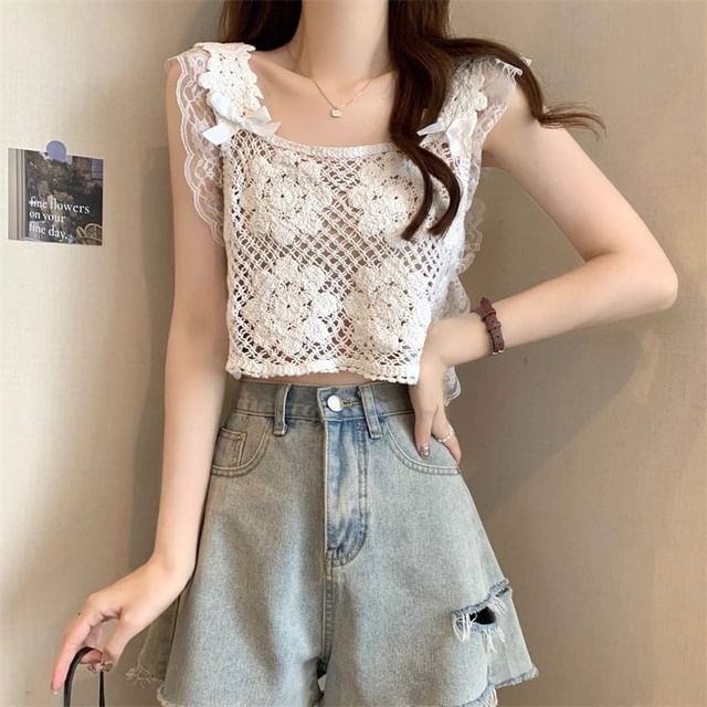 ANORA-Sleeveless Crochet Plain Crop Top