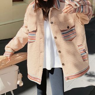 Secolo Faux Shearling Stripe Panel Button-Up Shirt Jacket Sale