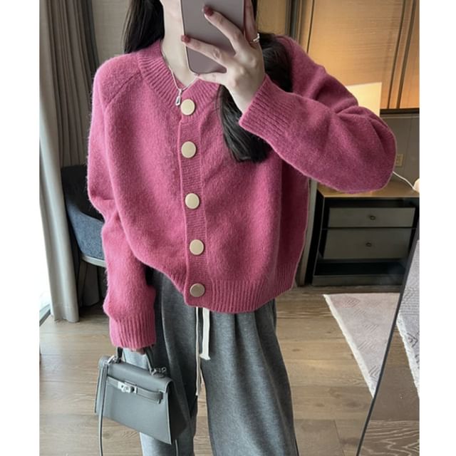 INEN-V-Neck Plain Button Up Crop Cardigan