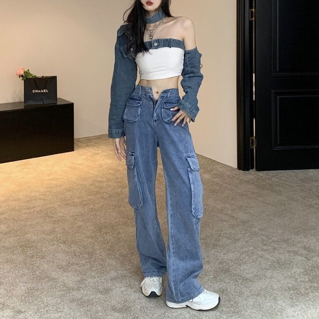 High Waisted Jeans And Crop Top With Jacket Chisan High Waist