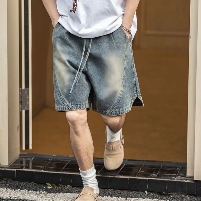 Really Point-Drawstring Waist Washed Panel Denim Shorts