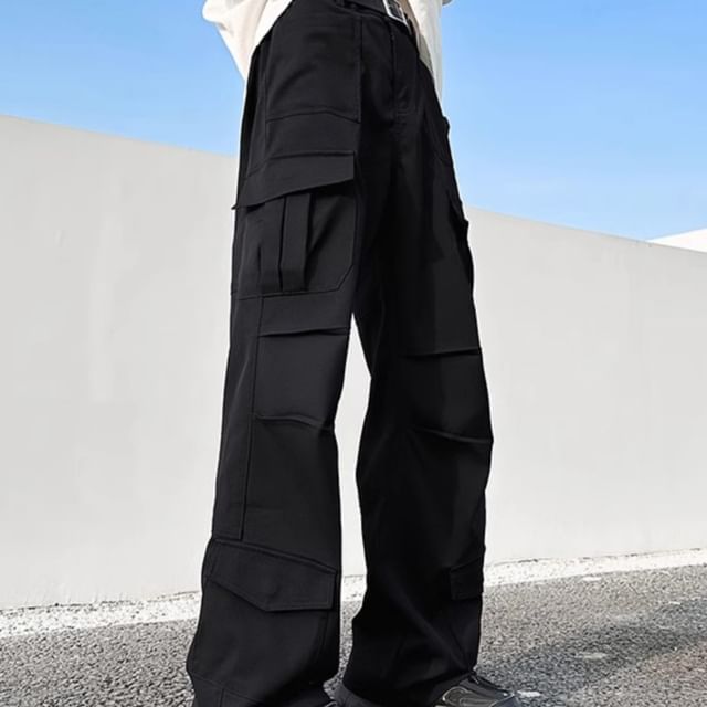 emeisa-Mid Rise Plain Wide Leg Cargo Pants
