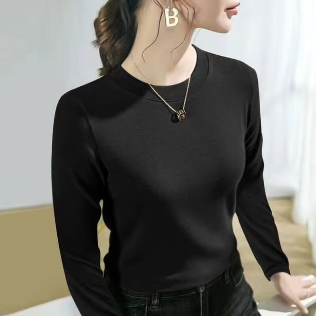 Wildfoea-Long-Sleeve Round Neck Plain T-Shirt