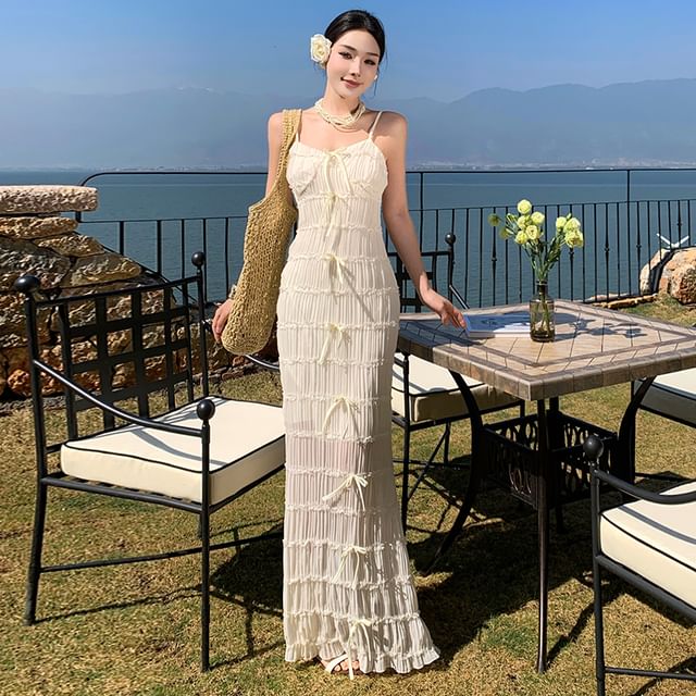 Juuri-Spaghetti Strap Sheer Maxi Bodycon Dress