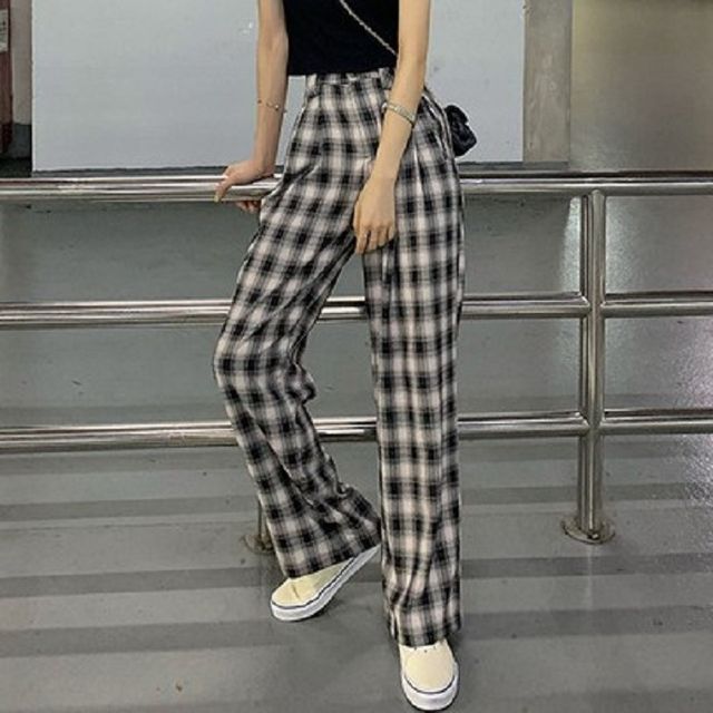 Cloud Nine-High Waist Plaid Wide Leg Pants