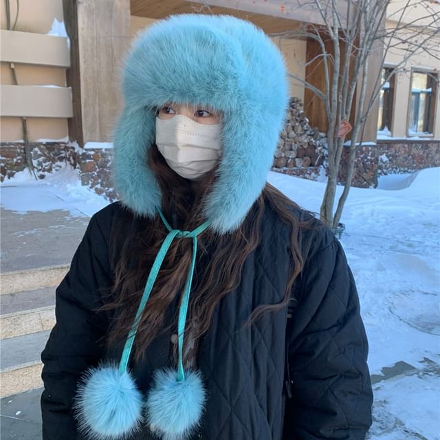 HATHOT-Plain Chenille Pom Pom Trapper Hat