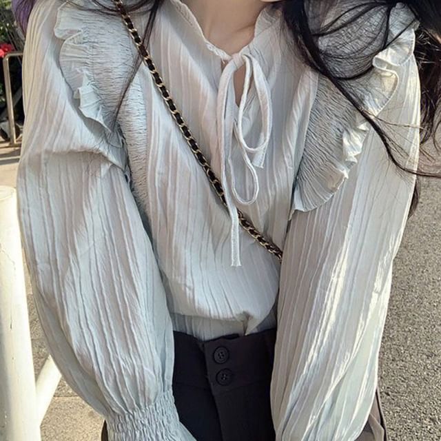 monroll-Long-Sleeve Lace-Up Ribbed Plain Blouse