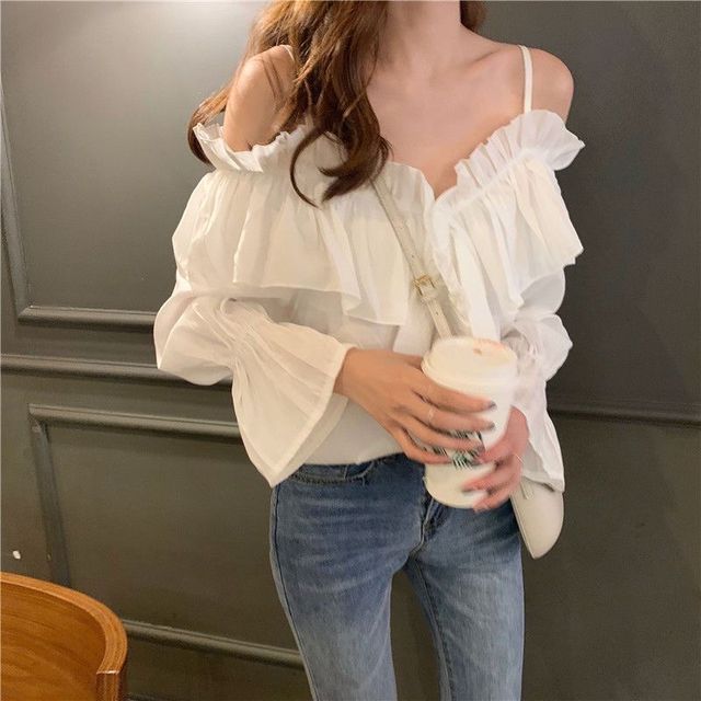 Moon City-Long-Sleeve Cold Shoulder Plain Ruffle Blouse