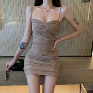 westworlds - Spaghetti Strap One-Shoulder Two Tone Mesh Panel Mini Bodycon  Dress