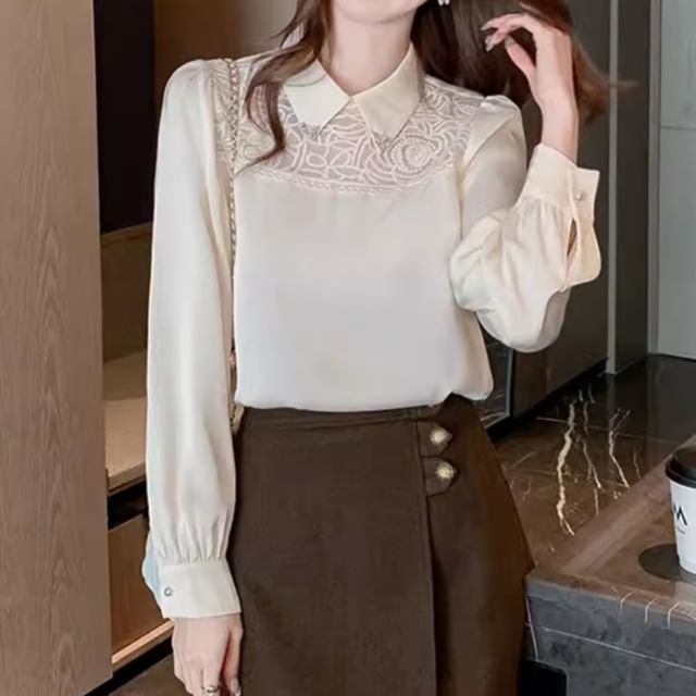 Dragan Pulse-Long Sleeve Beaded Collar Plain Panel Mesh Blouse