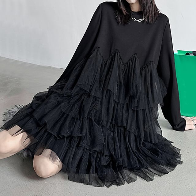 KUMI - Long-Sleeve Crew Neck Plain Mesh Panel Tiered Midi A-Line Dress |  YesStyle