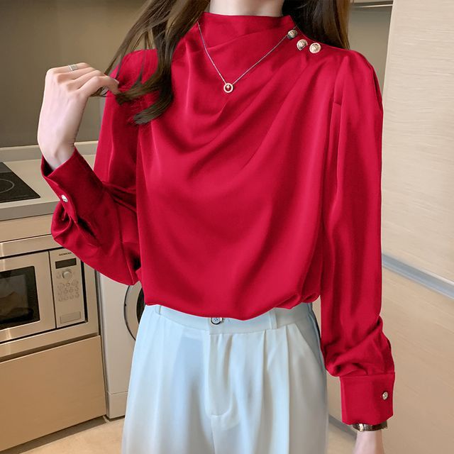 Dragan Pulse-Mock-Neck Chiffon Blouse