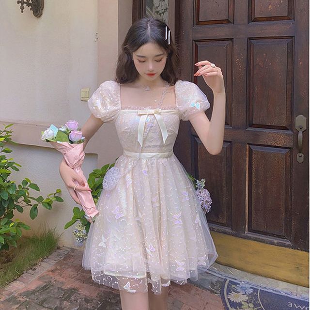 Everose - Puff-Sleeve Square Neck Butterfly Embroidered Mini