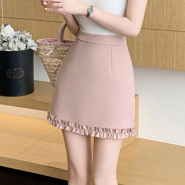 Cloud Nine - High Waist Plain Ruffle Trim Mini Pencil Skirt | YesStyle