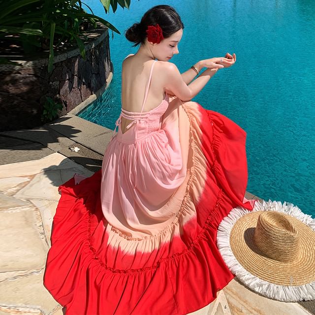 Moanum - Spaghetti Strap Square Neck Gradient Ruffle Trim Maxi A-Line Dress | YesStyle Moanum - Spaghetti Strap Square Neck Gradient Ruffle Trim Maxi A-Line Dress | YesStyle