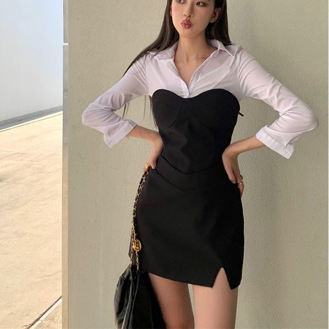 Ginger Girl Strapless Slit Mini Sheath Dress Long-Sleeve Plain