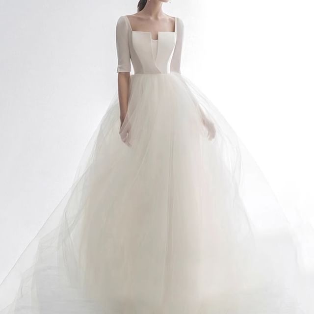 DreesHouse-Elbow-Sleeve Square Neck Plain Mesh Panel A-Line Wedding Gown