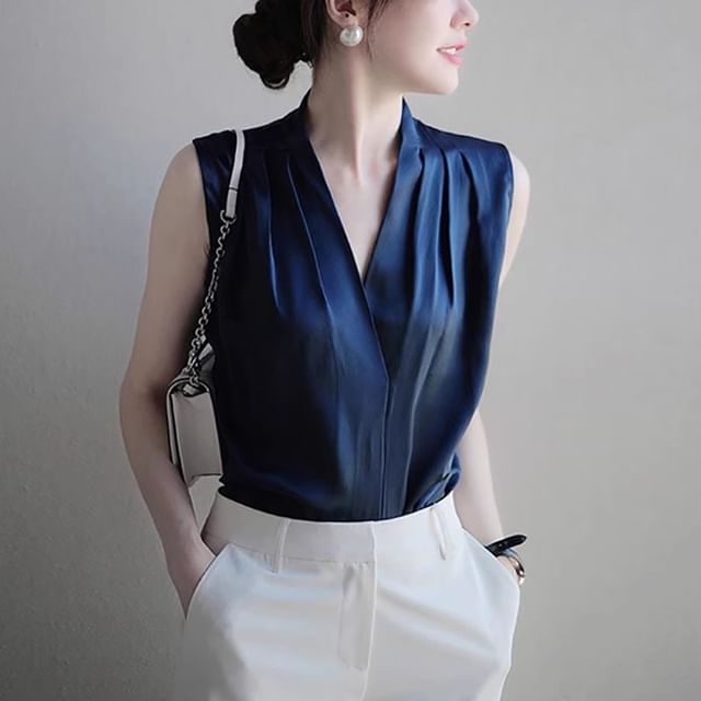 Dragan Pulse-V-Neck Plain Ruched Satin Blouse Various Designs