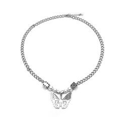 Black Degree - Butterfly Pendant Faux Pearl Stainless Steel Necklace
