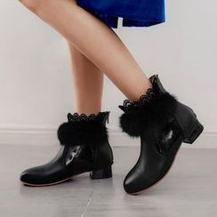 Comof - Block Heel Lace Trim Short Boots