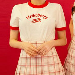 chuu - 'Strawberry Milk' Print Ringer T-Shirt chuu - 'Strawberry Milk' Print Ringer T-Shirt