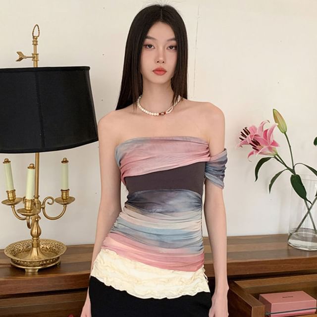 haruokiea-Off Shoulder Tie Dye Top