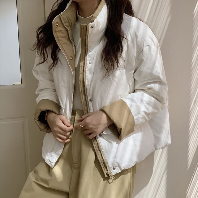 Sienne-Stand Collar Two Tone Zip Puffer Jacket