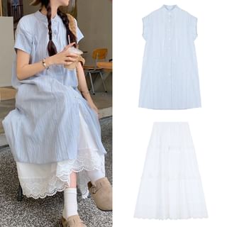 KUMI Short-Sleeve Stand Collar Striped Button-Up Midi Tunic Dress / High Waist Plain Lace Panel A-Line Skirt Sale