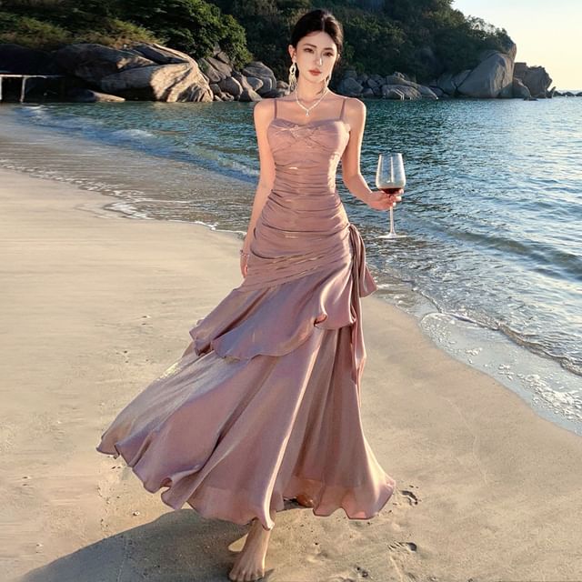 Moanum-Spaghetti Strap Plain Asymmetrical Ruched Tiered Maxi A-Line Dress