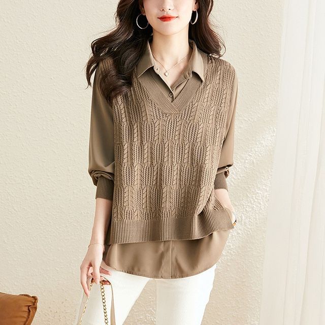 Jeonseon-Mock Two-Piece Puff-Sleeve Plain Sweater