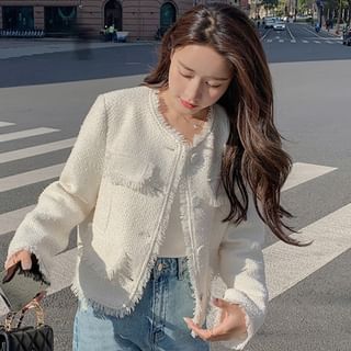 Tzarkozy-Round Neck Plain Tassel Trim Tweed Cropped Jacket