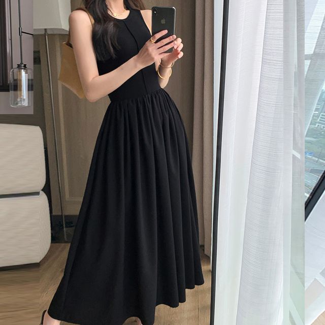 knee length dresses for ladies Berylove Women Simple Black Tie Dress A-Line V Neck Sleeveless Maxi Formal Dress, Black and White / US10
