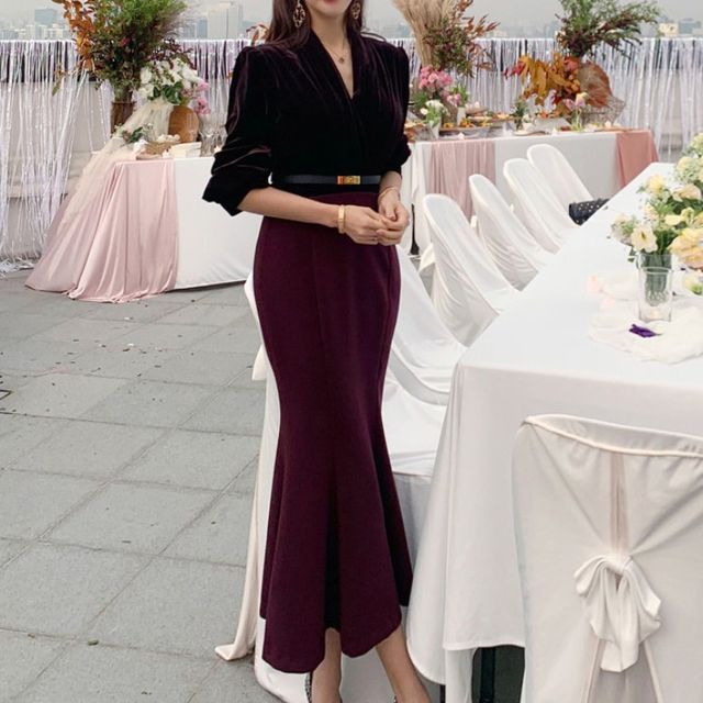 Aurora ElbowSleeve Velvet Midi Mermaid Dress YesStyle