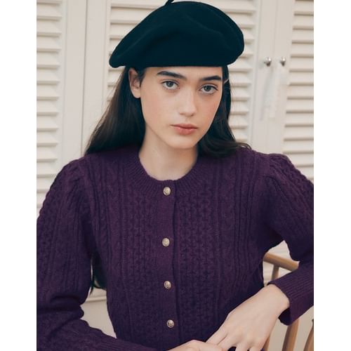 Crew-Neck Cable-Knit Cardigan (Burgundy)