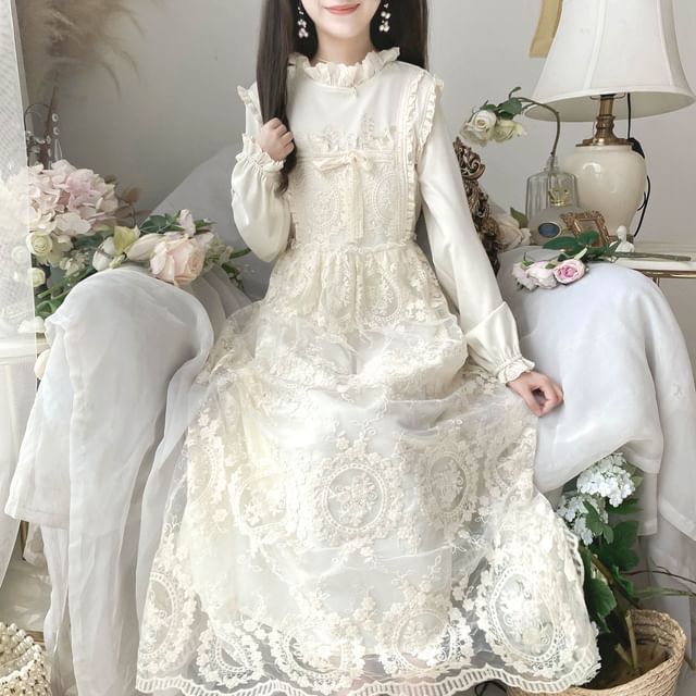 Moregirl - Long-Sleeve Frill Trim Embroidered Lace Panel Midi A-Line Dress  | YesStyle