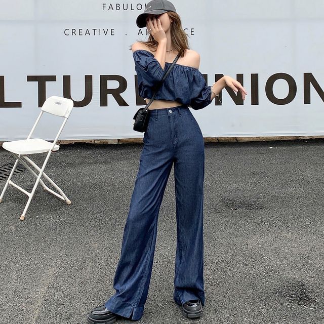 Crop Top High Waisted Wide Leg Jeans Outfit Wide Leg Denim Outfit