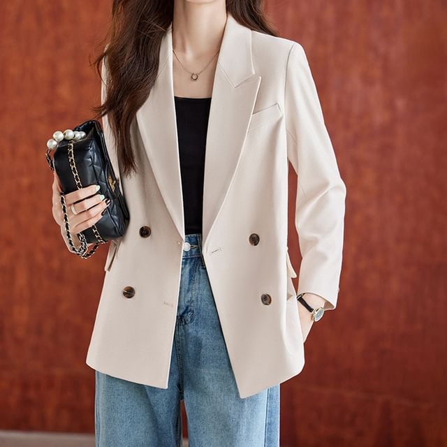 Skyheart-Peak Lapel Plain Double-Breasted Blazer